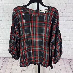 Loft Plaid Balloon Sleeve Button Back Holiday Dress Top Size Large